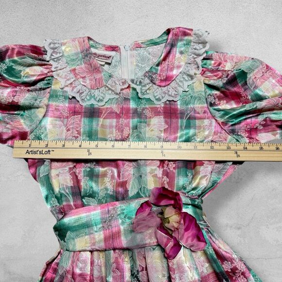 Vintage Storybook Heirlooms Girls Dress 8 Plaid Lace Metallic Brocade Victorian - Picture 8 of 14